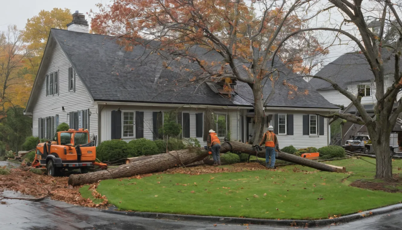 Local tree removal provider securing a fallen tree beside an older frame house in Elwood